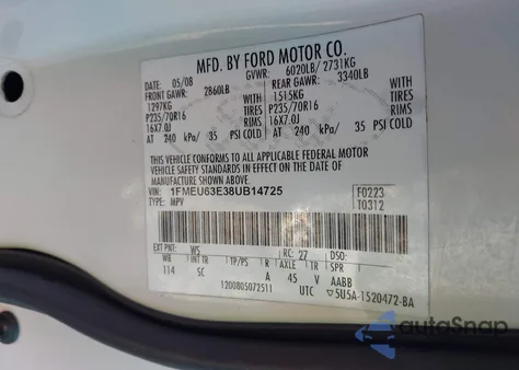 2008 Ford Explorer Xlt from USA, damaged, VIN 1FMEU63E38UB14725